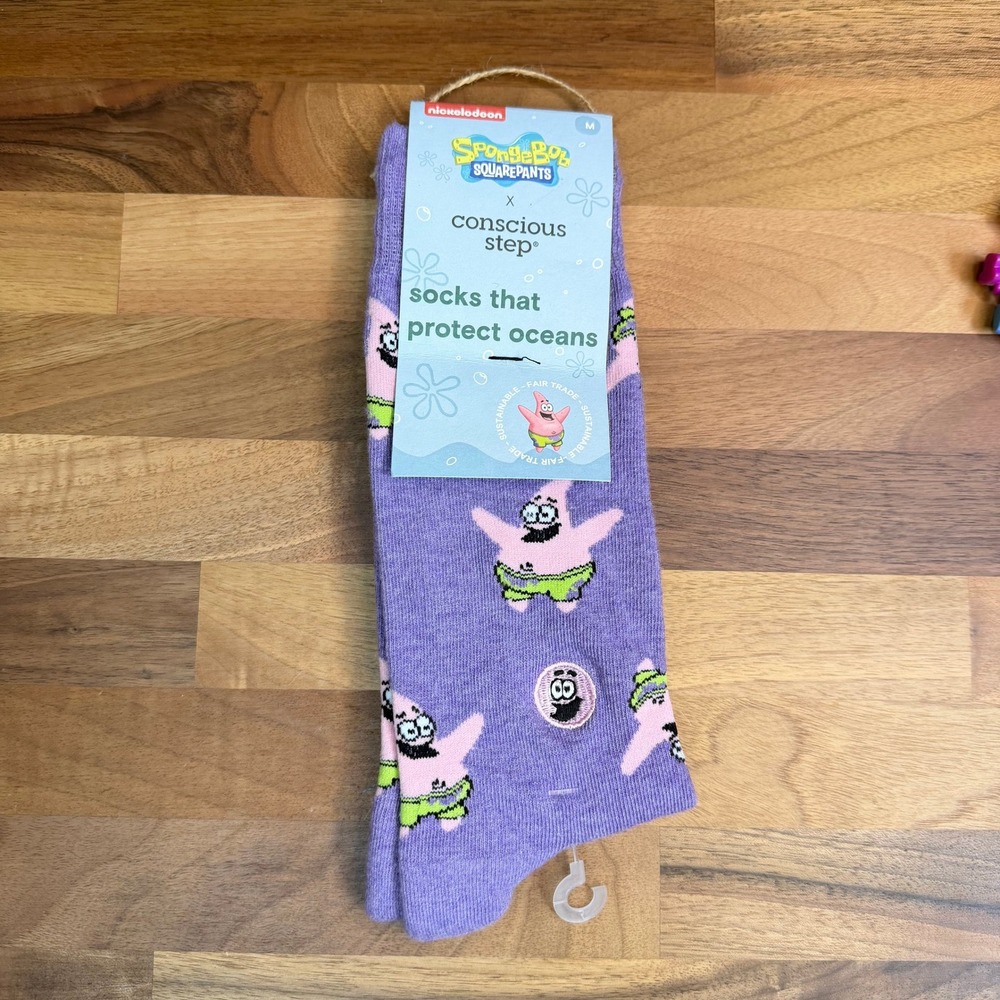 Conscious Step SpongeBob Patrick Star Purple Organic Cotton Crew Socks Medium